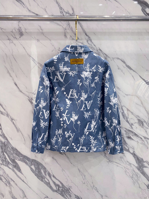 Close-up detail shot of Louis Vuitton luxury clothing with label-forward styling