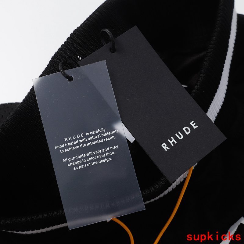 Side profile of Rhude luxury clothing with logo-detail design