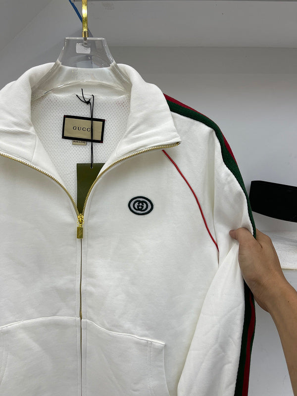Back view of Gucci luxury clothing with label-forward styling
