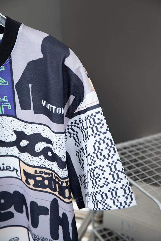 Flat lay presentation of Louis Vuitton cotton t-shirt with signature branding