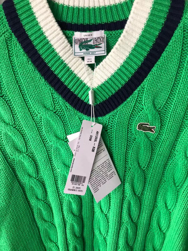 Close-up detail shot of Lacoste luxury clothing with monogram-inspired silhouette
