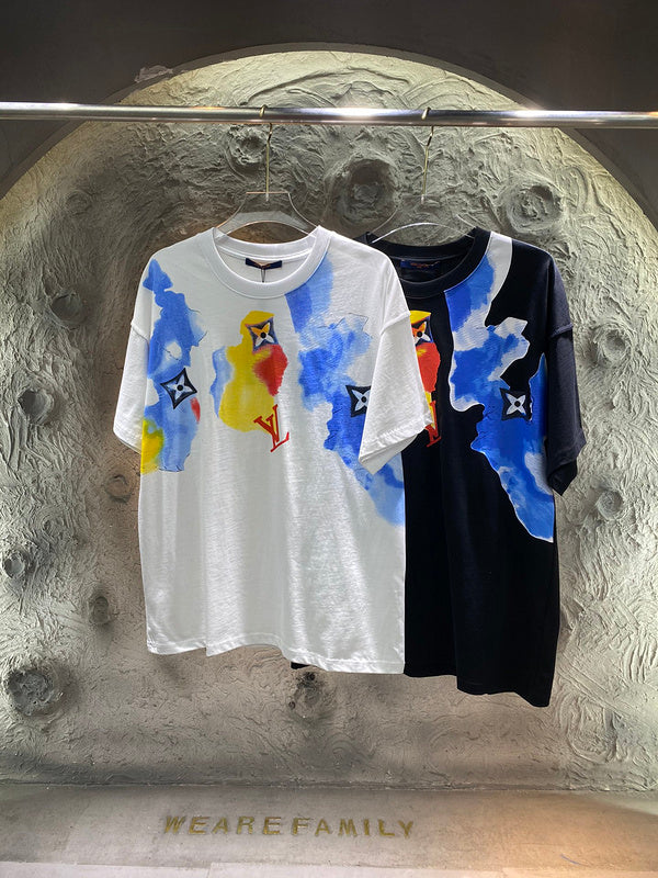 Close-up detail shot of Louis Vuitton cotton t-shirt with runway-inspired design
