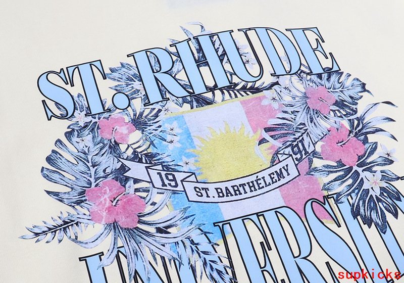 Close-up detail shot of Rhude luxury clothing with label-forward styling