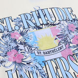 Close-up detail shot of Rhude luxury clothing with label-forward styling