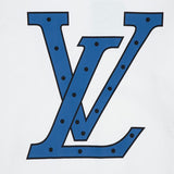 Close-up detail shot of Louis Vuitton luxury clothing with signature branding