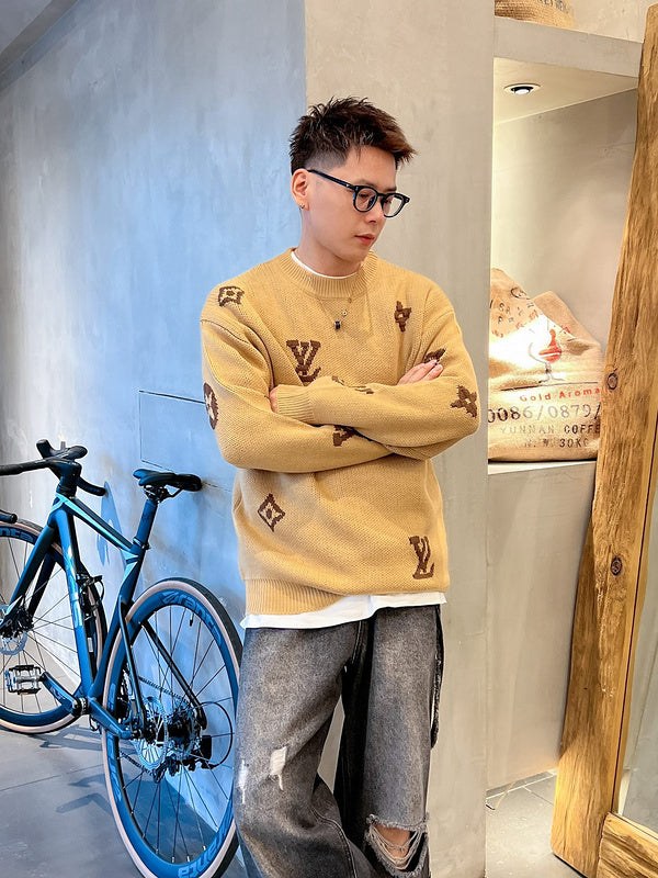Front view of Louis Vuitton luxury clothing with signature branding