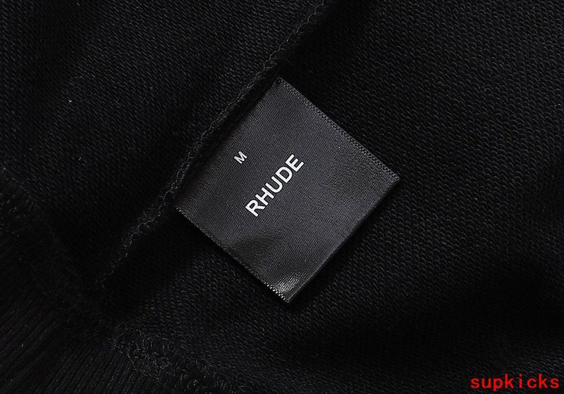 Back view of Rhude luxury clothing with signature branding