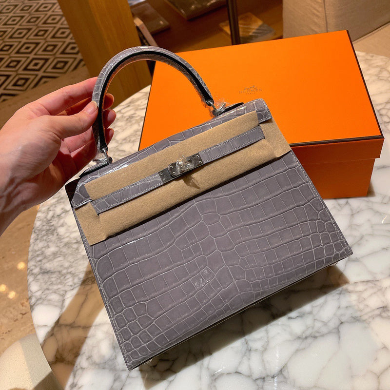 Side view of polished structured handbag