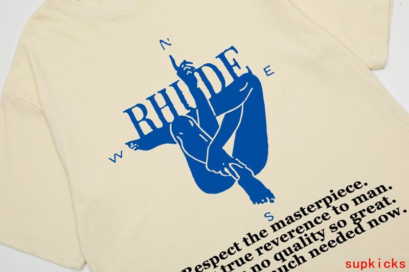Close-up detail shot of Rhude luxury clothing with logo-detail design