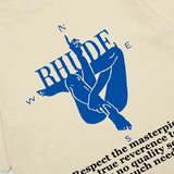 Close-up detail shot of Rhude luxury clothing with logo-detail design