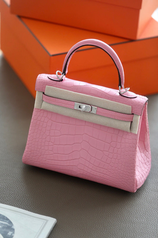 Side view of polished structured handbag