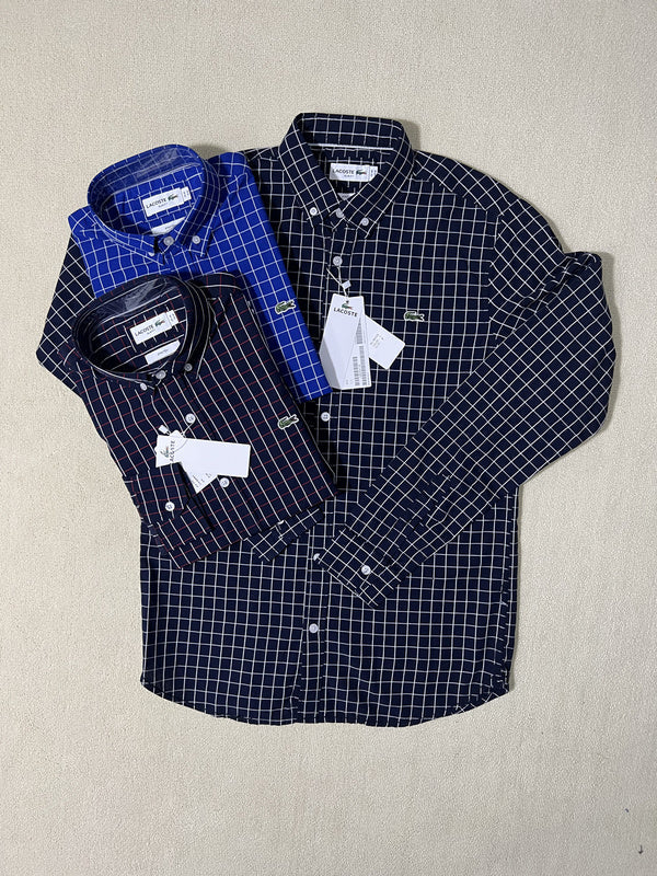 Front view of Lacoste luxury clothing with monogram-inspired silhouette
