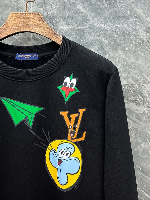 Flat lay presentation of Louis Vuitton luxury clothing with signature branding