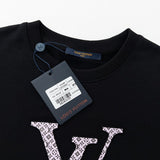 Flat lay presentation of Louis Vuitton luxury clothing with signature branding