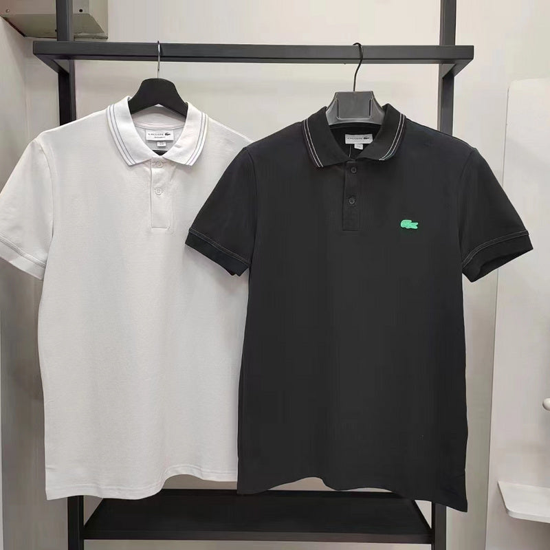 Side profile of Lacoste luxury clothing with signature branding
