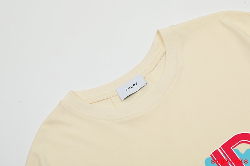Side profile of Rhude luxury clothing with signature branding