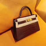 Side view of modern structured handbag