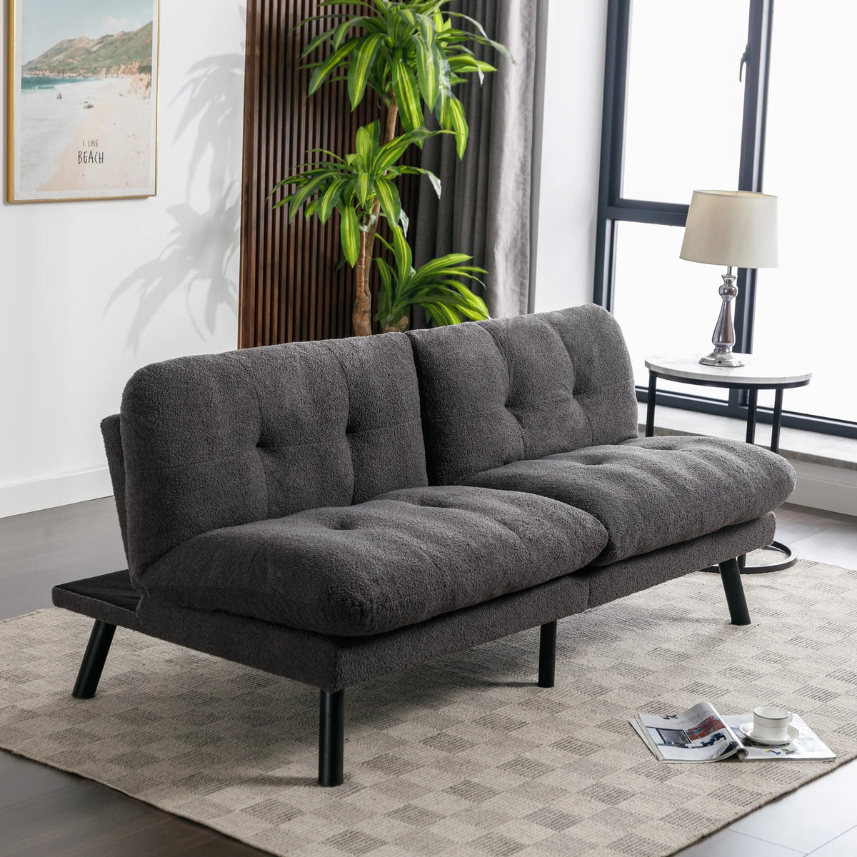 Camden Cozy Futon, Charcoal Boucle Fabric