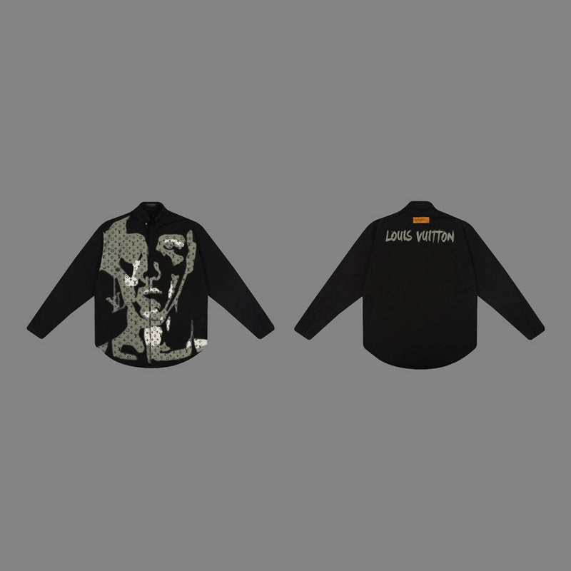 Full styled look of Louis Vuitton luxury clothing with logo-detail design