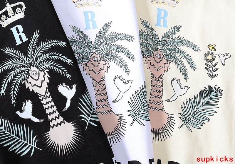 Close-up detail shot of Rhude luxury clothing with label-forward styling