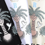 Close-up detail shot of Rhude luxury clothing with label-forward styling