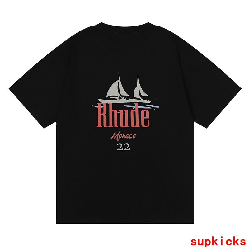 Close-up detail shot of Rhude luxury clothing with everyday silhouette