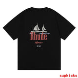 Close-up detail shot of Rhude luxury clothing with everyday silhouette