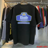 Side profile of Rhude luxury clothing with tailored silhouette