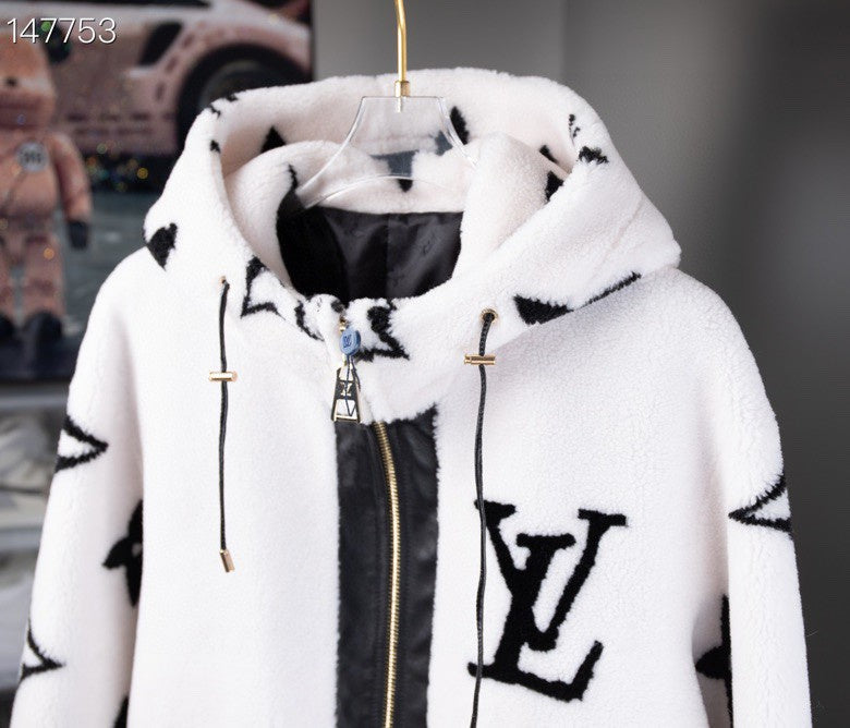 Back view of Louis Vuitton luxury clothing with signature branding