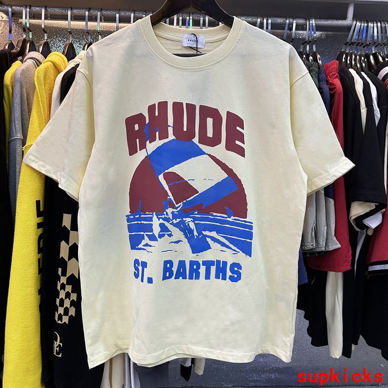 Side profile of Rhude luxury clothing with relaxed-fit cut