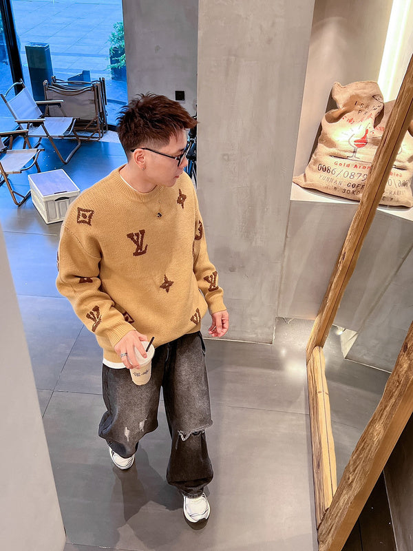 Side profile of Louis Vuitton luxury clothing with signature branding