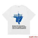 Side profile of Rhude luxury clothing with logo-detail design