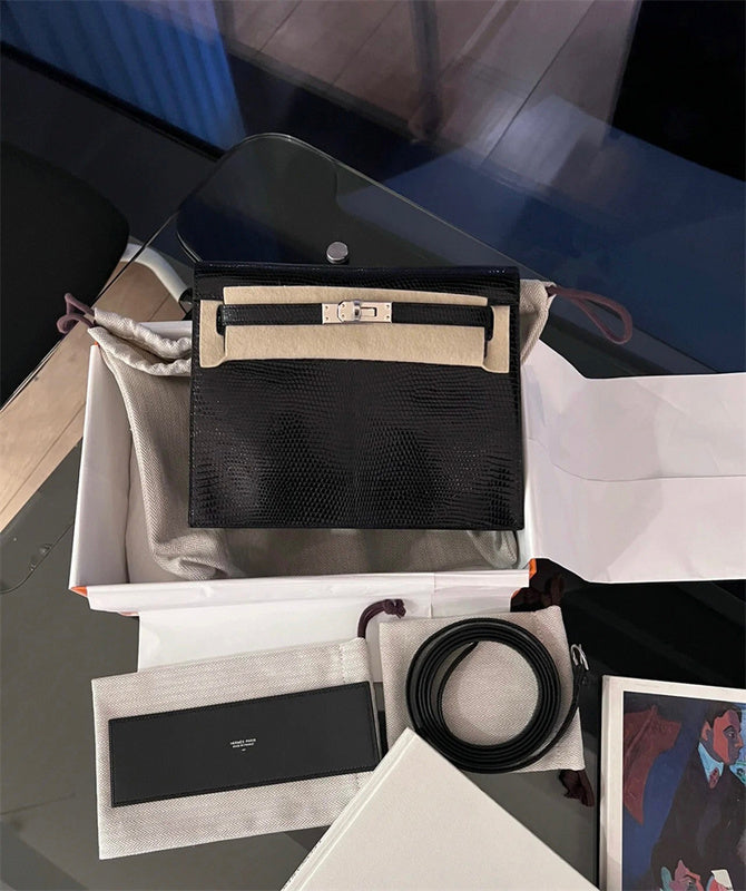 Side view of clean-lined structured handbag