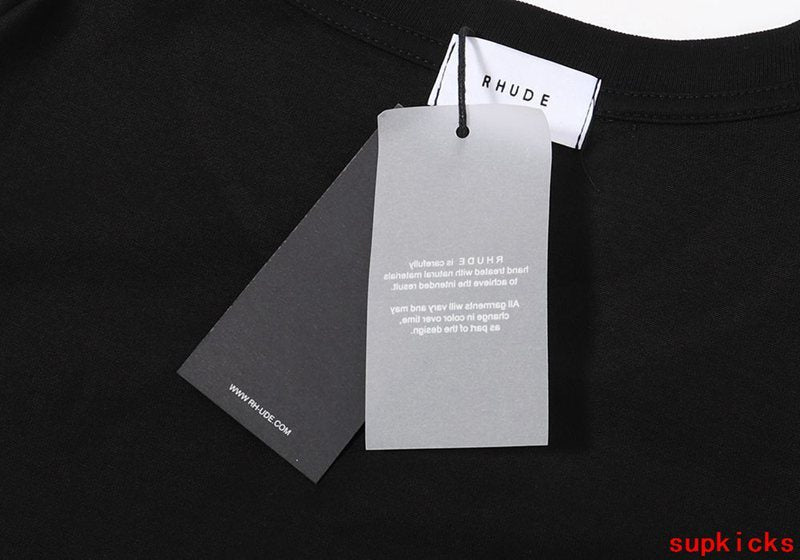 Close-up detail shot of Rhude luxury clothing with everyday silhouette