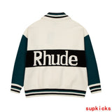 Side profile of Rhude luxury clothing with signature branding