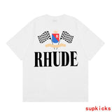 Close-up detail shot of Rhude luxury clothing with relaxed-fit cut