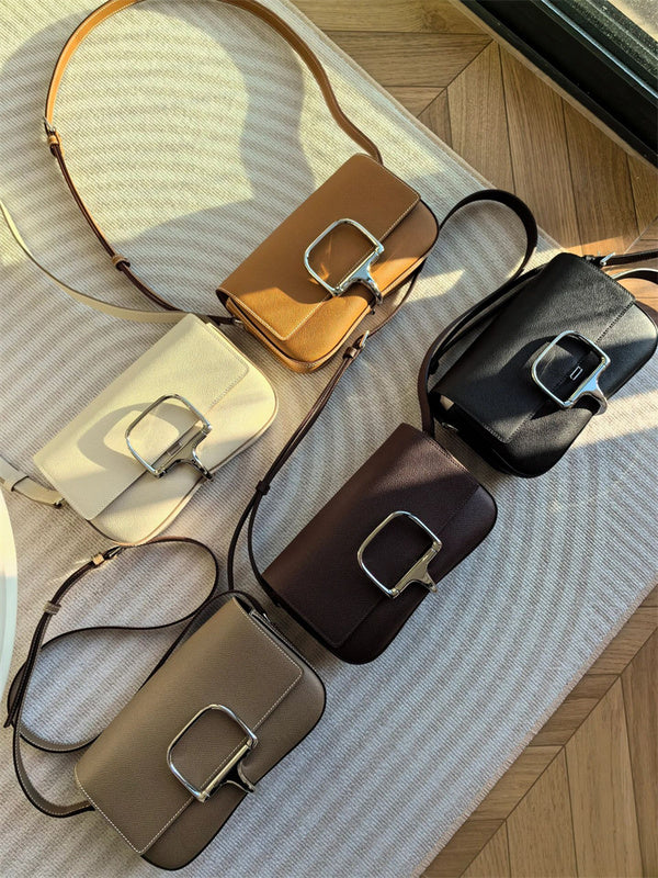 Side view of clean-lined structured handbag