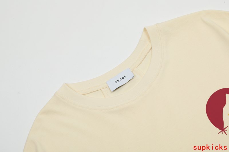 Side profile of Rhude luxury clothing with signature branding