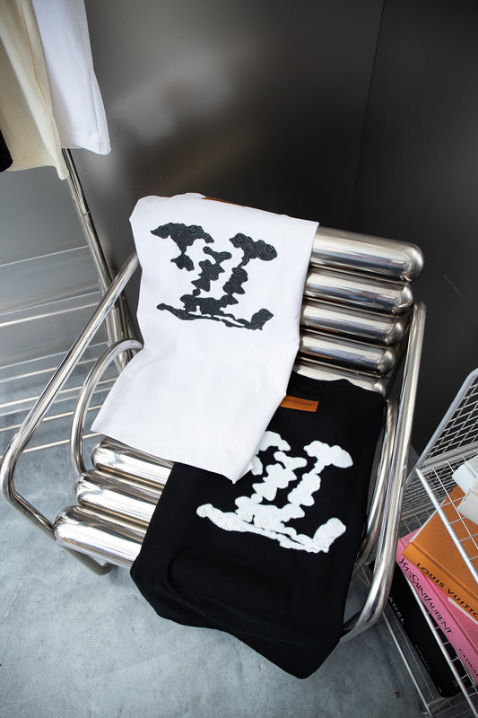 Close-up detail shot of Louis Vuitton cotton t-shirt with monogram-inspired silhouette