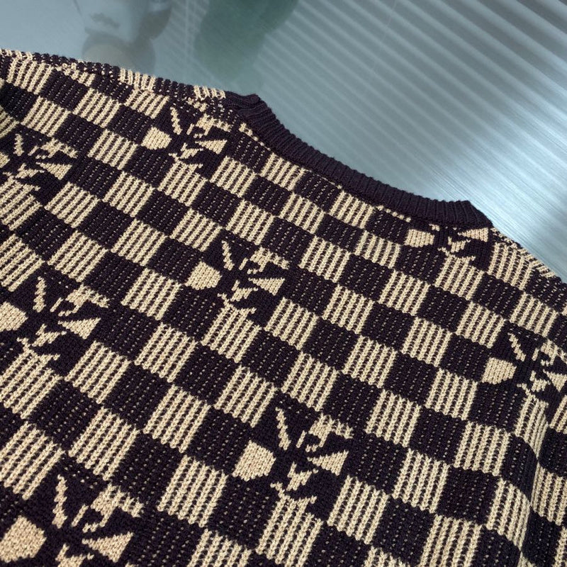 Front view of Louis Vuitton luxury clothing with monogram-inspired silhouette