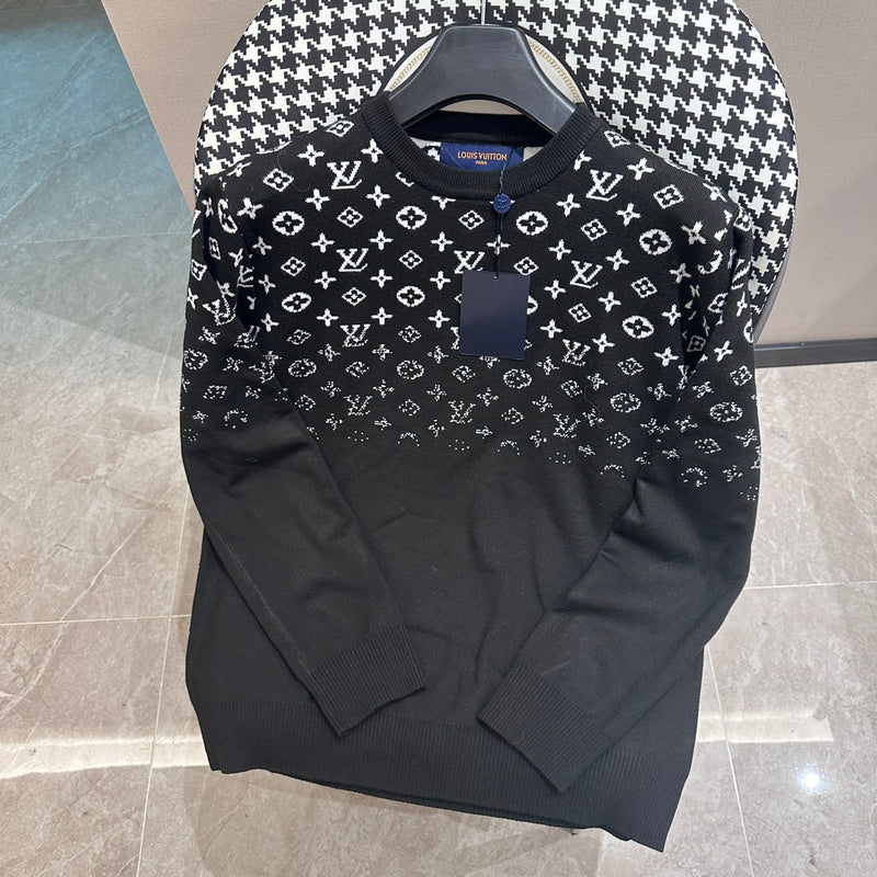 Front view of Louis Vuitton luxury clothing with label-forward styling