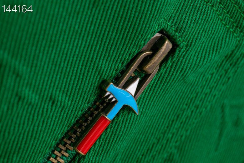 Close-up detail shot of Louis Vuitton luxury clothing with streetwear-inspired cut
