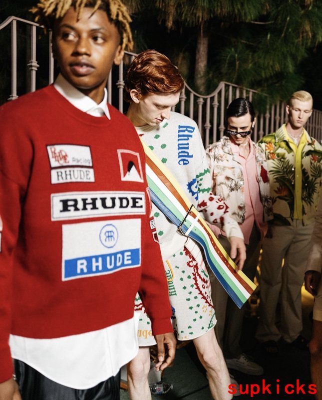 Close-up detail shot of Rhude luxury clothing with streetwear-inspired cut