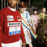 Close-up detail shot of Rhude luxury clothing with streetwear-inspired cut