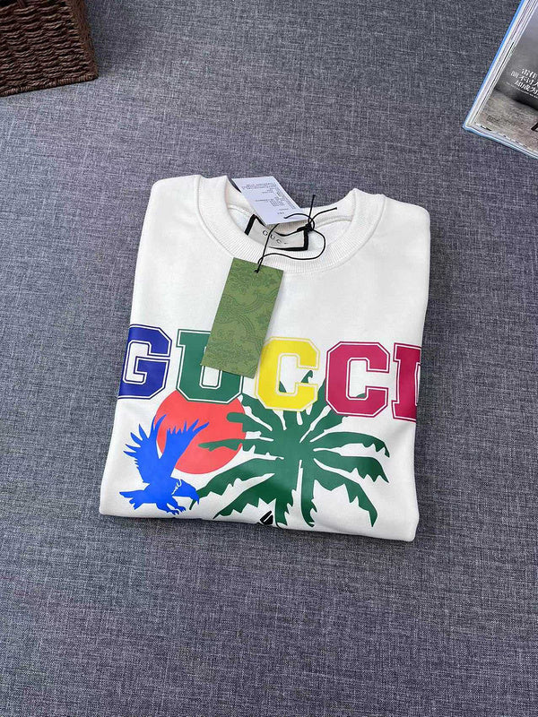 Back view of Gucci luxury clothing with signature branding