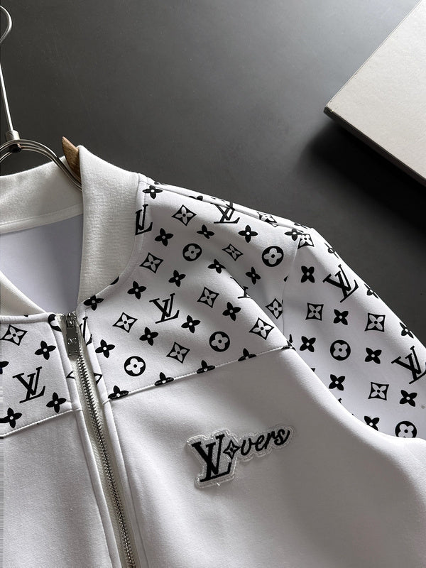Close-up detail shot of Louis Vuitton luxury clothing with runway-inspired design
