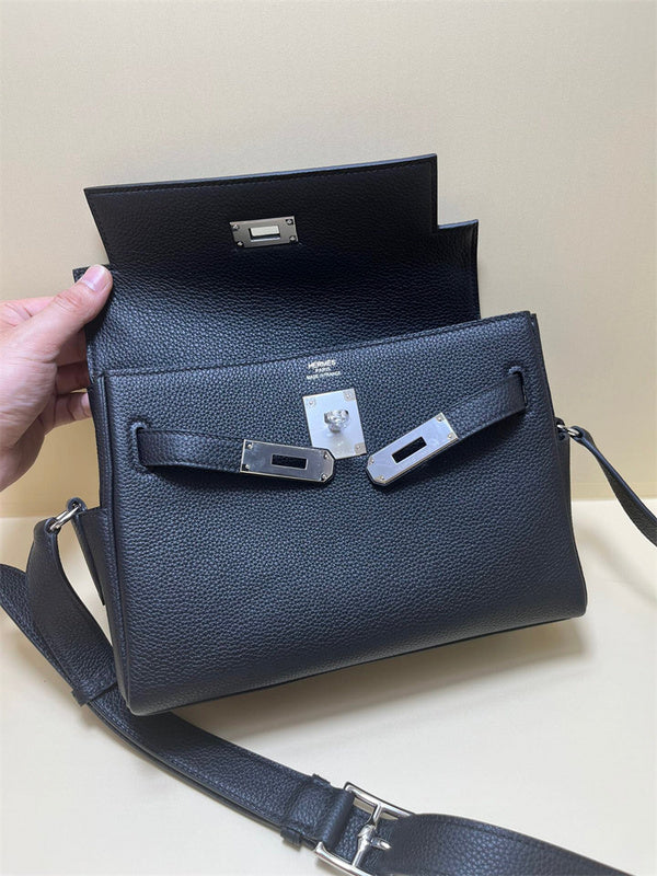 Side view of clean-lined structured handbag