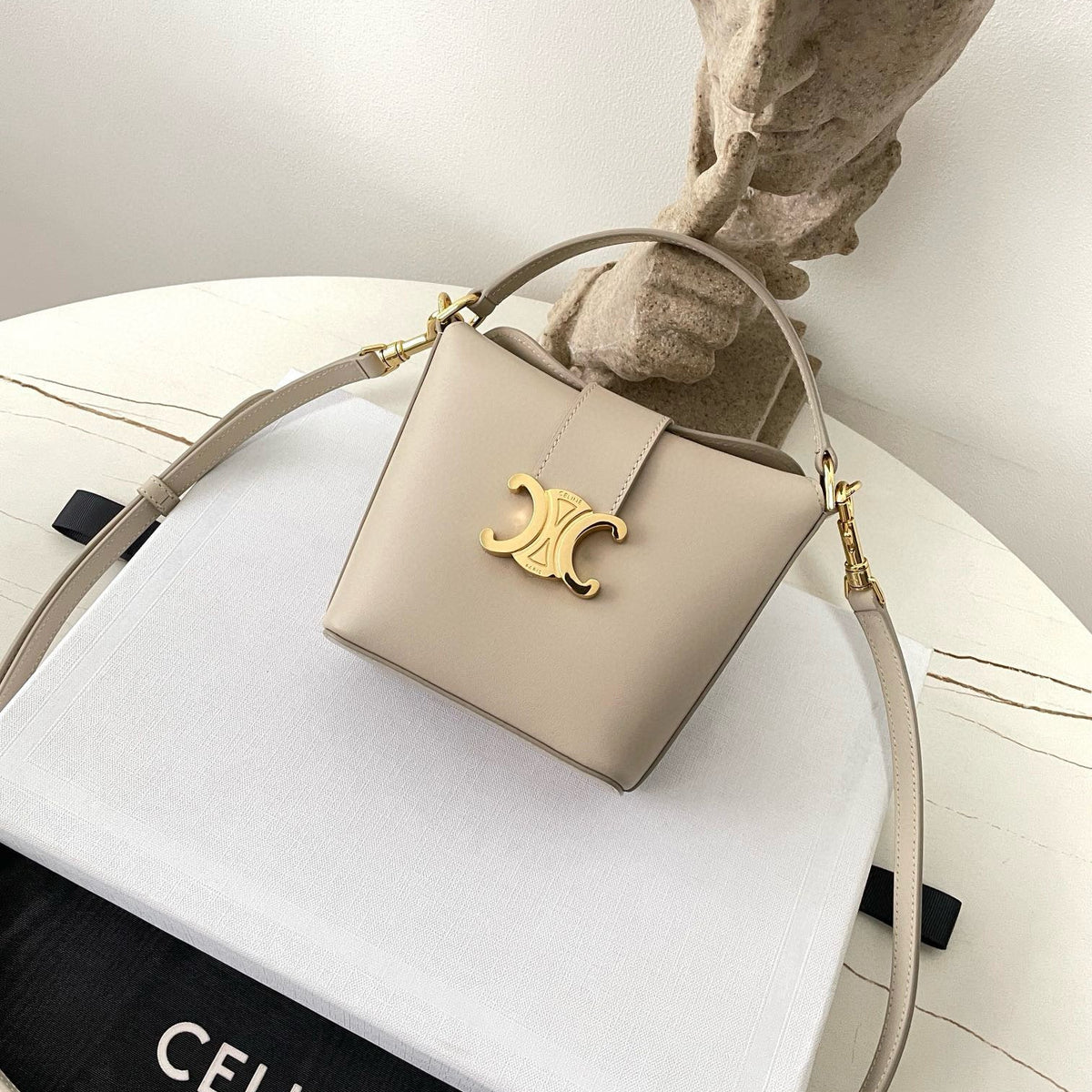 Front view of Celine Mini Bucket Louise Bag premium cel mini bucket louise bag