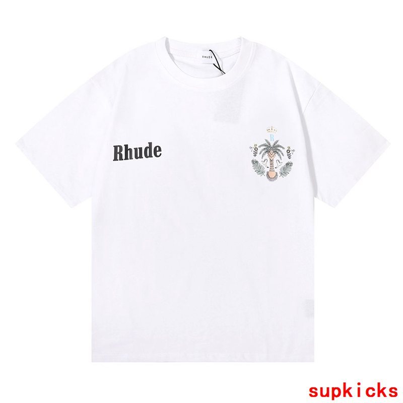 Side profile of Rhude luxury clothing with label-forward styling