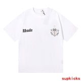 Side profile of Rhude luxury clothing with label-forward styling